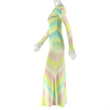 Print Off Shoulder Long Sleeve Maxi Dress GJYO-303655