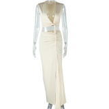 Slash V Neck Sleeveless High Split Maxi Dress GJYO-301872