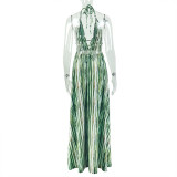 Halterneck Print Tie Up Backless Maxi Dress GJYO-303239