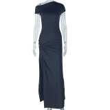 Solid Color Short Sleeve Irregular Long Dress GJYO-301913