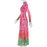 Print Color Block Long Sleeve Tie Maxi Dress GJYO-303753