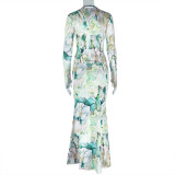 Ruched Print Long Sleeve Two Piece Skirts Set GJYO-711750
