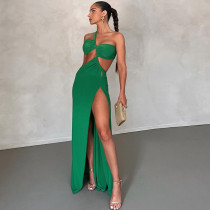 Solid Color Backless Split Maxi Dress GJYO-298270