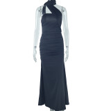 Solid Color Backless Ribbon Maxi Dress GJYO-301015