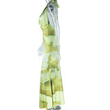 Deep V Neck Print Halterneck Maxi Dress GJYO-302225