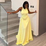 Solid Color Sleeveless Ruched Maxi Dress GJYO-303195