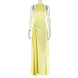Solid Color Sleeveless Ruched Maxi Dress GJYO-303195