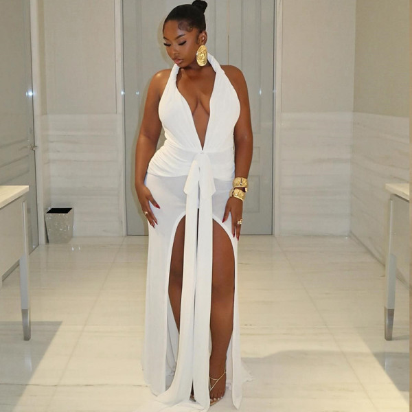 Solid Color Halterneck Backless Split Maxi Dress GJYO-301928