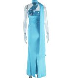 Solid Color Backless Ribbon Maxi Dress GJYO-301015