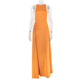 Solid Color Sleeveless Ruched Maxi Dress GJYO-303195