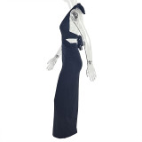 Solid Color Ruched Halterneck Backless Maxi Dress GJYO-302970
