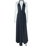 Solid Color Halterneck Backless Split Maxi Dress GJYO-301928