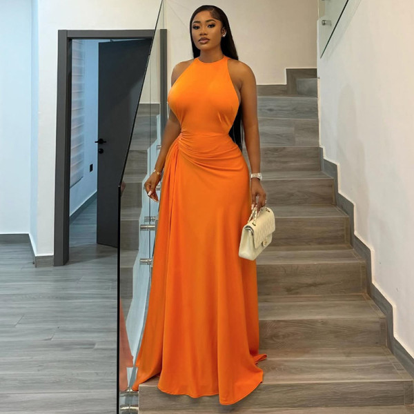Solid Color Sleeveless Ruched Maxi Dress GJYO-303195