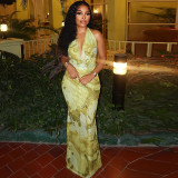 Deep V Neck Print Halterneck Maxi Dress GJYO-302225