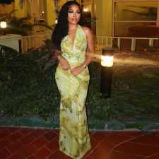 Deep V Neck Print Halterneck Maxi Dress GJYO-302225