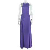 Solid Color Sleeveless Ruched Maxi Dress GJYO-303195