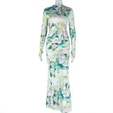 Ruched Print Long Sleeve Two Piece Skirts Set GJYO-711750