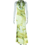 Deep V Neck Print Halterneck Maxi Dress GJYO-302225