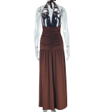 Halterneck Deep V Neck Solid Color Maxi Dress GJYO-300950