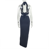 Solid Color Ruched Halterneck Backless Maxi Dress GJYO-302970