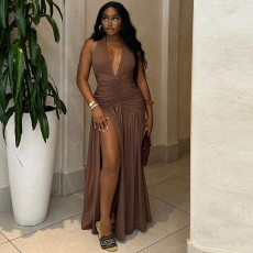 Halterneck Deep V Neck Solid Color Maxi Dress GJYO-300950