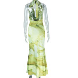 Deep V Neck Print Halterneck Maxi Dress GJYO-302225