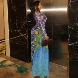 Print Long Sleeve High Collar Maxi Dress GJYO-302707