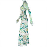 Ruched Print Long Sleeve Two Piece Skirts Set GJYO-711750