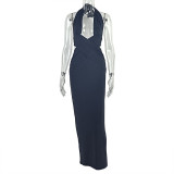Solid Color Ruched Halterneck Backless Maxi Dress GJYO-302970