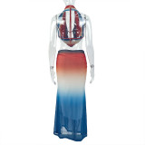 Backless Gradient Color Tie Up Maxi Dress GJYO-711781