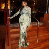 Ruched Print Long Sleeve Two Piece Skirts Set GJYO-711750