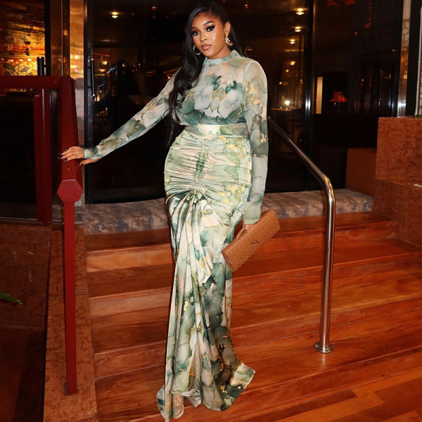 Ruched Print Long Sleeve Two Piece Skirts Set GJYO-711750