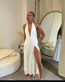 Halterneck Deep V Neck Solid Color Maxi Dress GJYO-300950