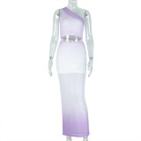 Single Shoulder Sleeveless Gradient Two Piece Skirts Set GJYO-711698