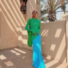 Color Block Long Sleeve Slim Maxi Dress GAXB-A397DS