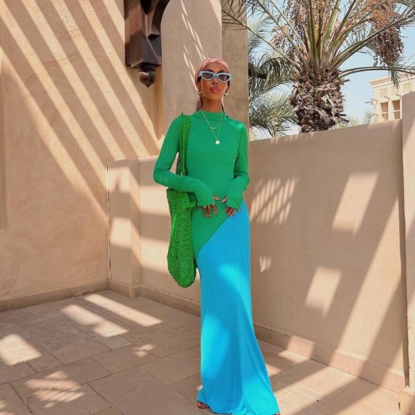 Color Block Long Sleeve Slim Maxi Dress GAXB-A397DS