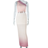 Single Shoulder Sleeveless Gradient Two Piece Skirts Set GJYO-711698