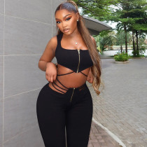 Zipper Sleeveless Crop Top Bandage Pants 2 Piece Set GJYO-919075