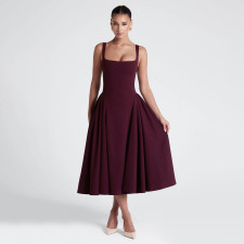 Square Neck Solid Color Big Swing Midi Dress GAXB-A704DS