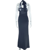 3D Flower Halterneck Solid Color Maxi Dress GJYO-301730