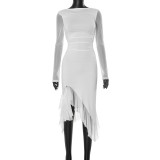 Mesh Patchwork Long Sleeve Ruffles Midi Dress GAXB-W233DS