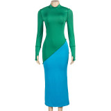 Color Block Long Sleeve Slim Maxi Dress GAXB-A397DS