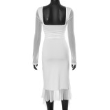 Mesh Patchwork Long Sleeve Ruffles Midi Dress GAXB-W233DS