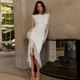 Mesh Patchwork Long Sleeve Ruffles Midi Dress GAXB-W233DS