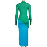 Color Block Long Sleeve Slim Maxi Dress GAXB-A397DS