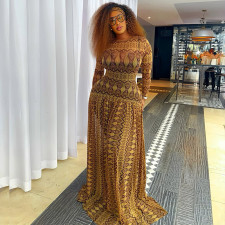 Print O Neck Long Sleeve Maxi Dress GJYO-303226