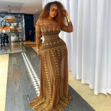 Print O Neck Long Sleeve Maxi Dress GJYO-303226