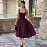 Square Neck Solid Color Big Swing Midi Dress GAXB-A704DS