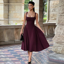 Square Neck Solid Color Big Swing Midi Dress GAXB-A704DS