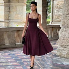 Square Neck Solid Color Big Swing Midi Dress GAXB-A704DS
